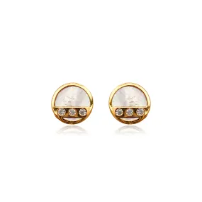 14k Gold Mother Of Pearl Circle with CZ Stud Earrings