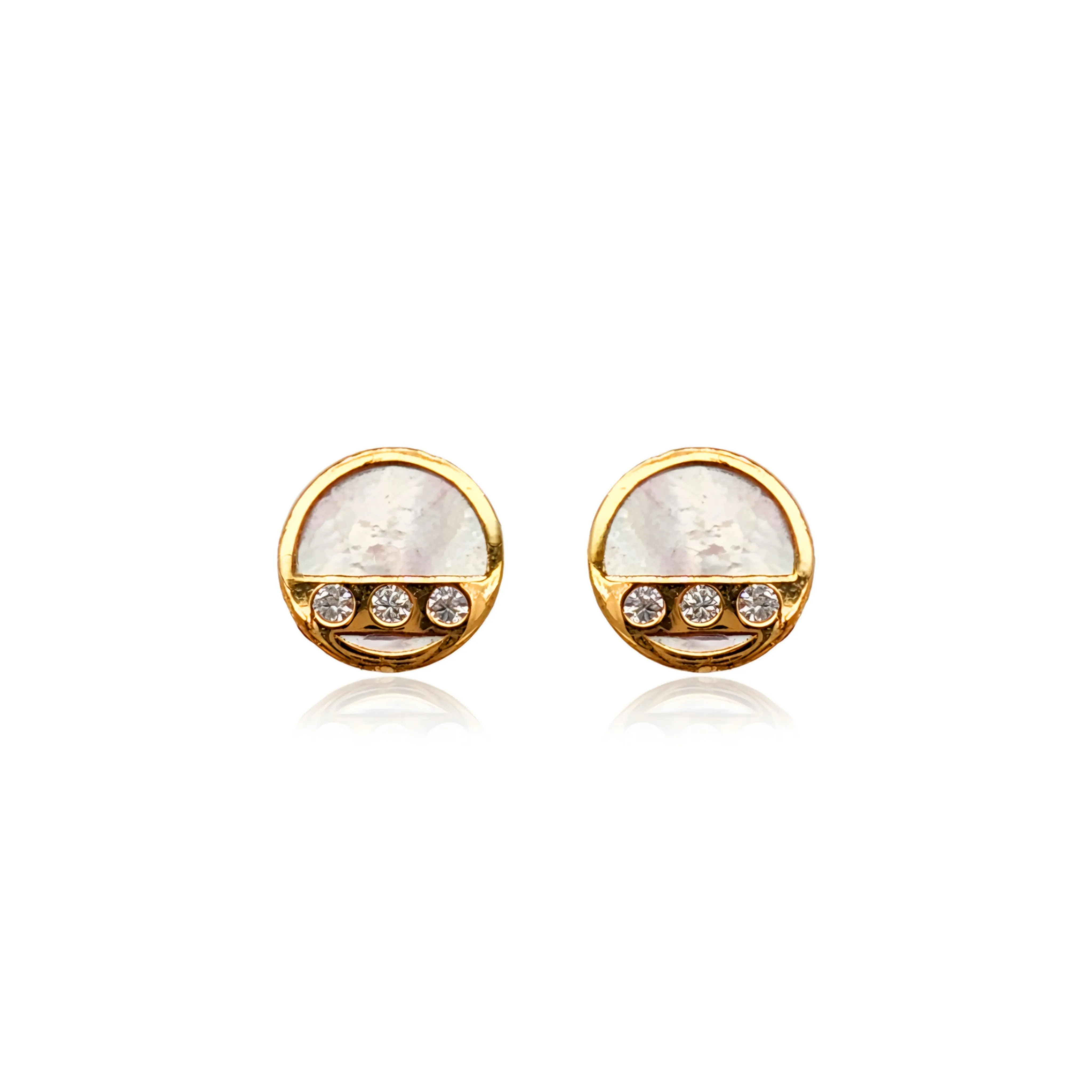 14k Gold Mother Of Pearl Circle with CZ Stud Earrings