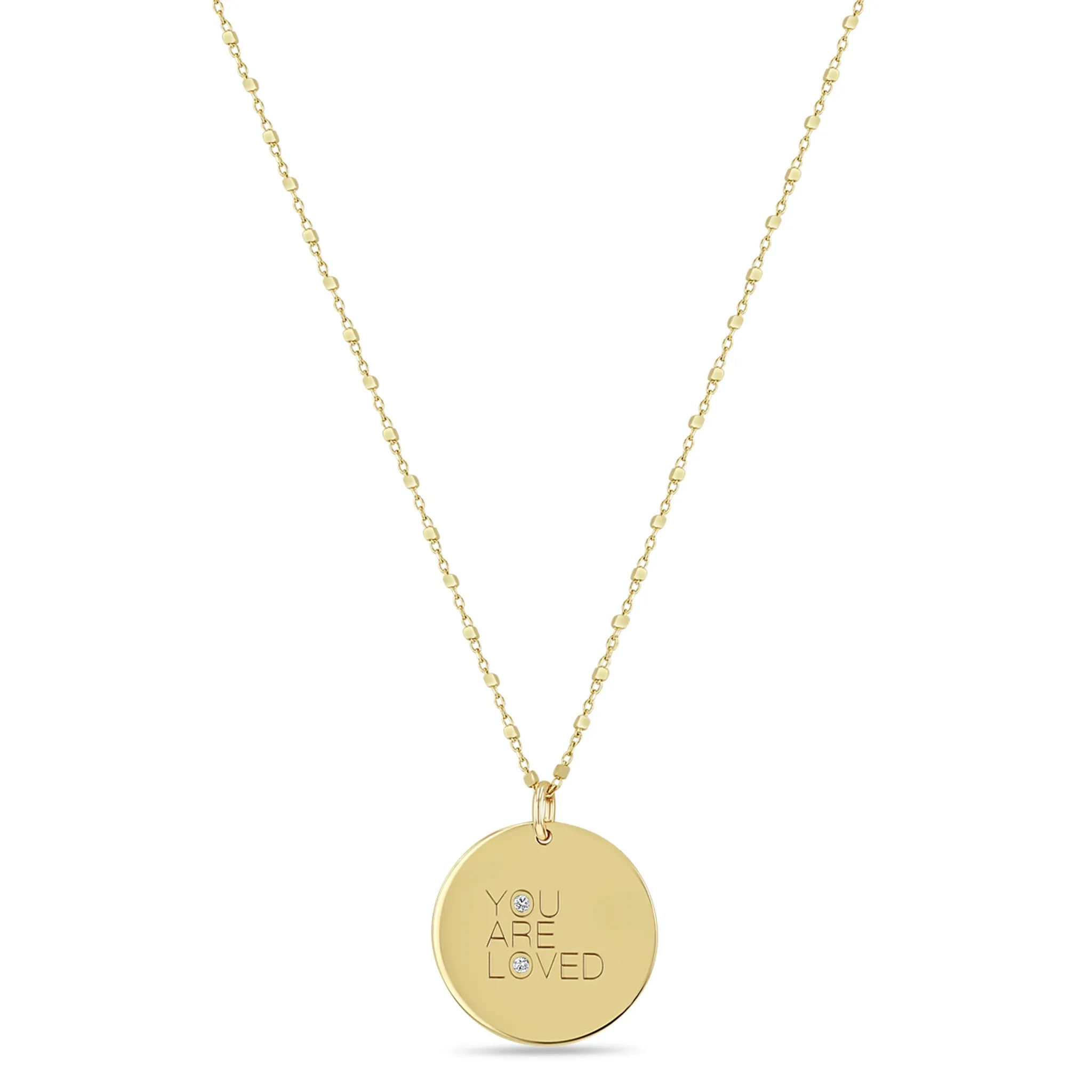 14k Medium YOU ARE LOVED with Diamonds Disc Pendant Square Bead Chain Necklace