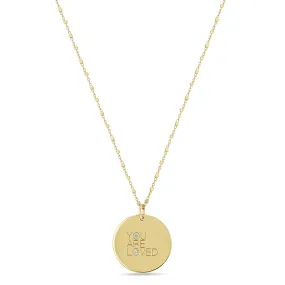 14k Medium YOU ARE LOVED with Diamonds Disc Pendant Square Bead Chain Necklace