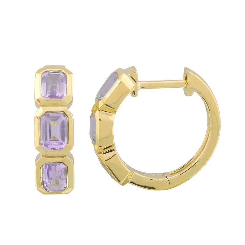 14K Yellow Gold Emerald Cut Amethyst Huggie Earrings