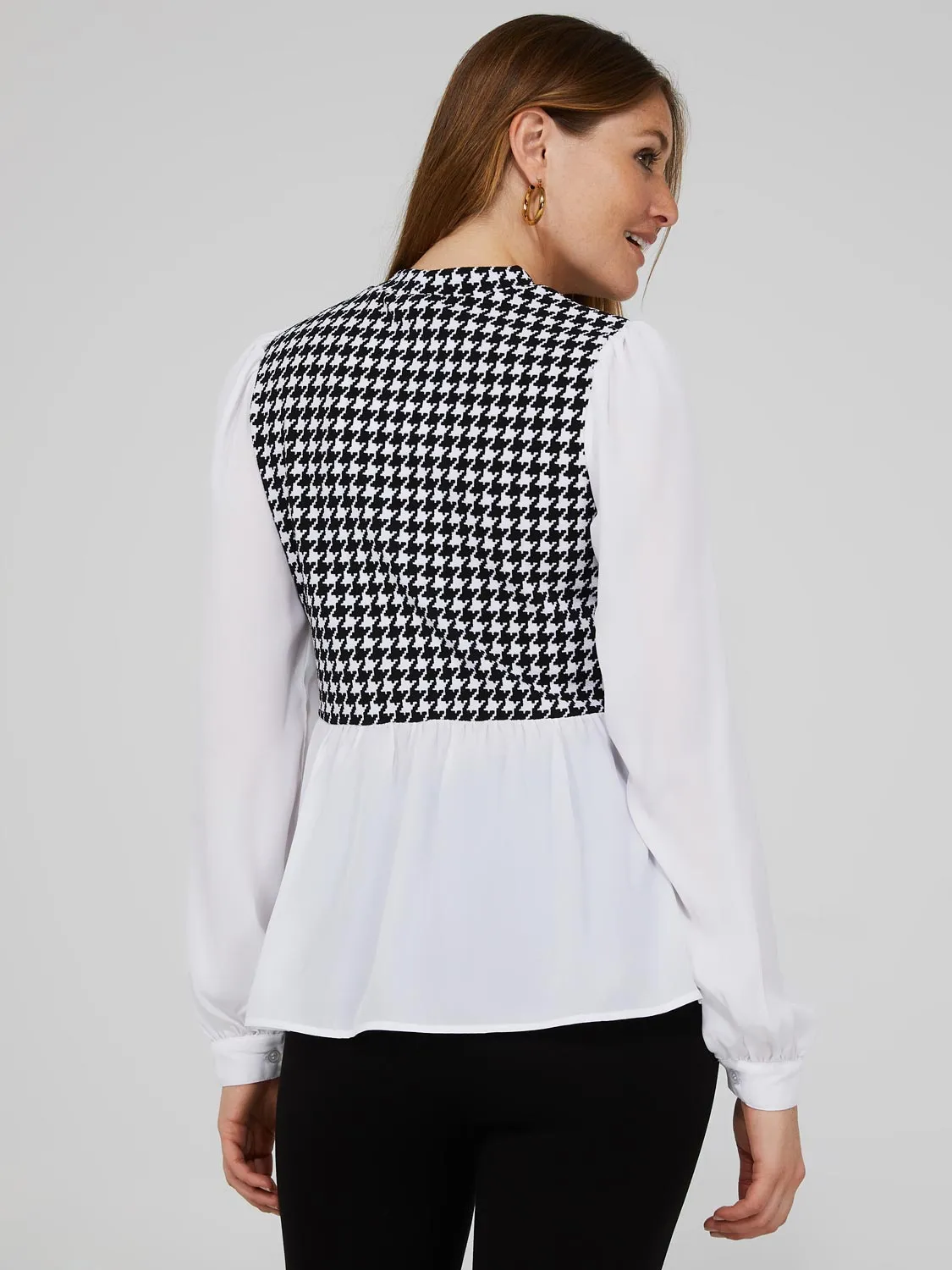 2-Fer Houndstooth Vest With Crepe Long Sleeve Top