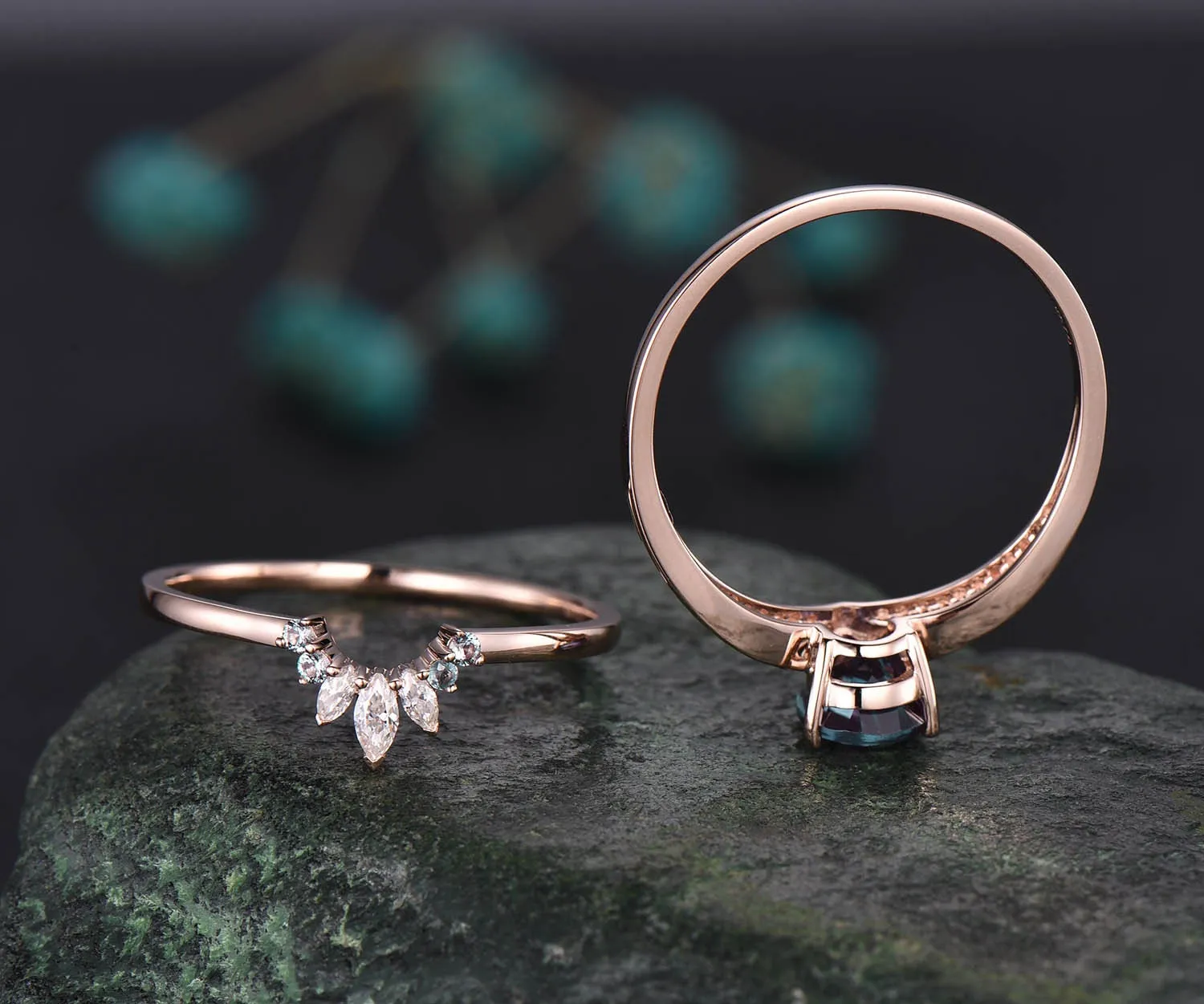 2pcs 6x8mm pear Alexandrite wedding bridal set unique vintage alexandrite engagement ring set rose gold marquise crown moissnaite ring band