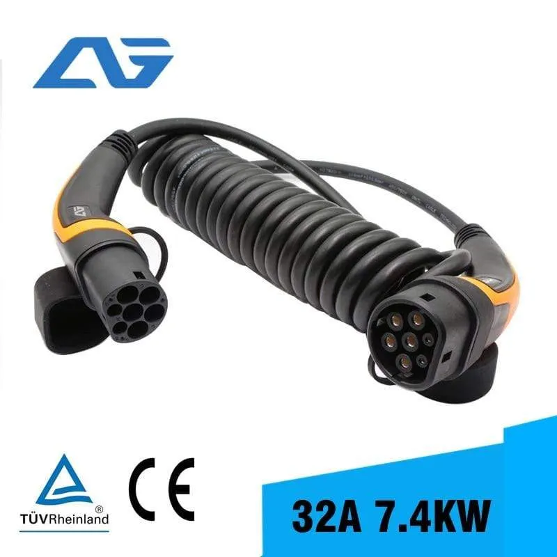 32A EV Charger Cable 7KW Type 2 to Type 2 IEC 62196 EV Charging Plug With 5 Meter Spiral cable TUV/UL Mennekes 2 Connector