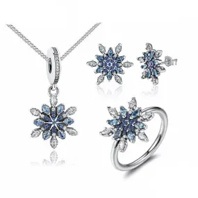 925 Sterling Silver Crystal Snowflake Blue Crystal Jewelry Set