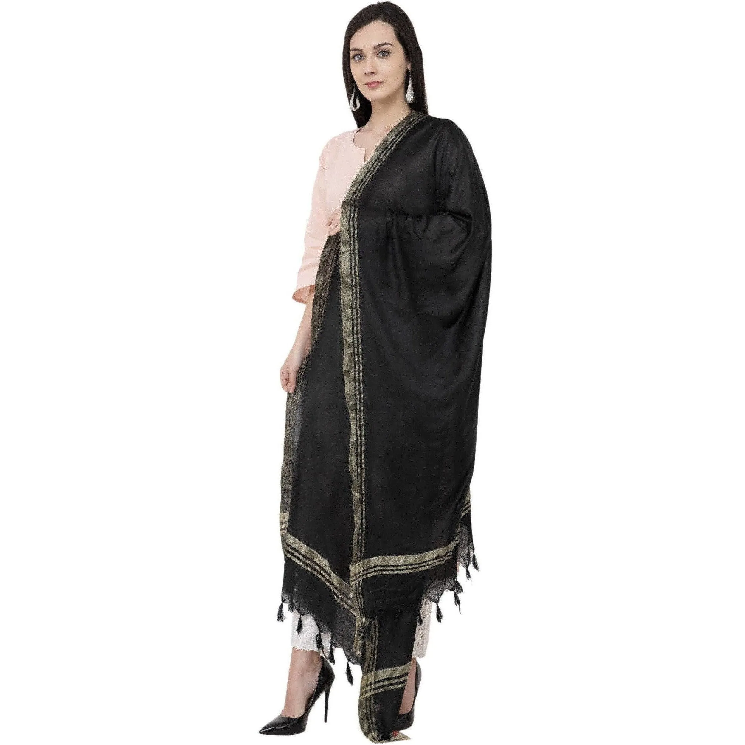 A R Silk Golden Border Regular Dupatta Color Black Dupatta or Chunni