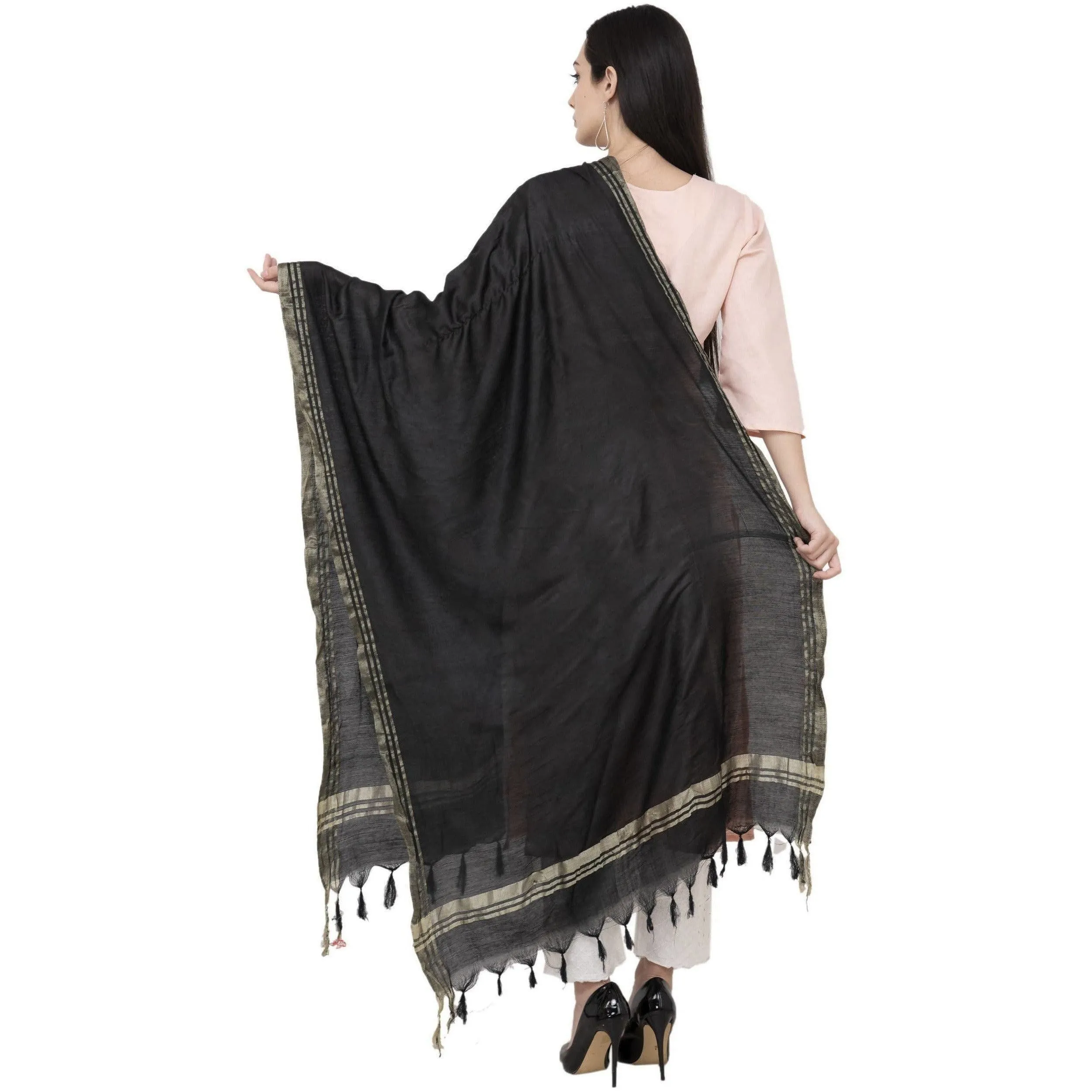 A R Silk Golden Border Regular Dupatta Color Black Dupatta or Chunni