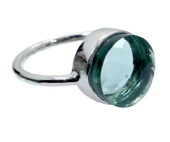 Aquamarine Hydro 925 Sterling Silver Handmade Bezel Set Simple Ring, Bezel Set Plain Cabochon Football Cut Stone Ring