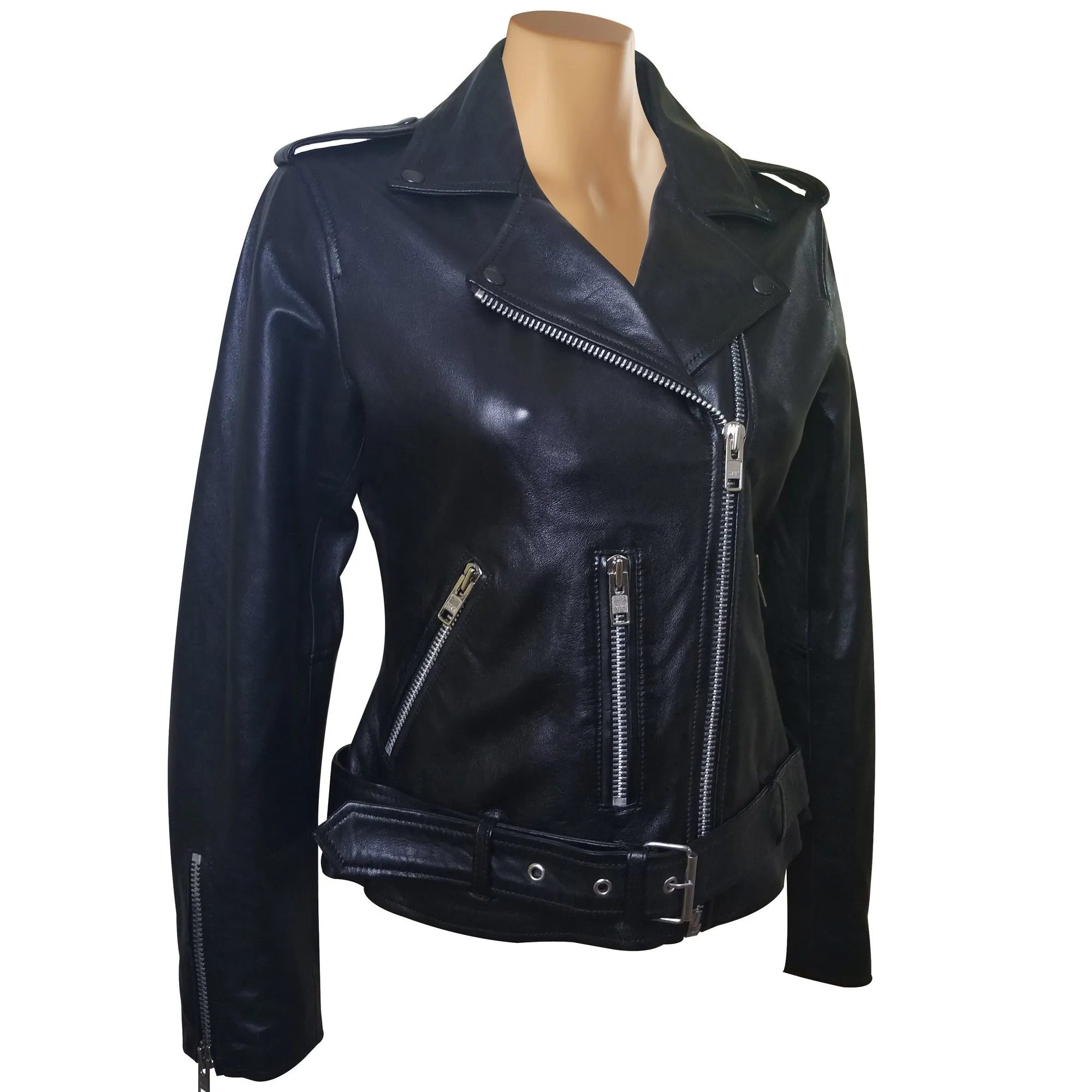 Arielle’s Biker Style Black Leather Jacket With Waist Belt