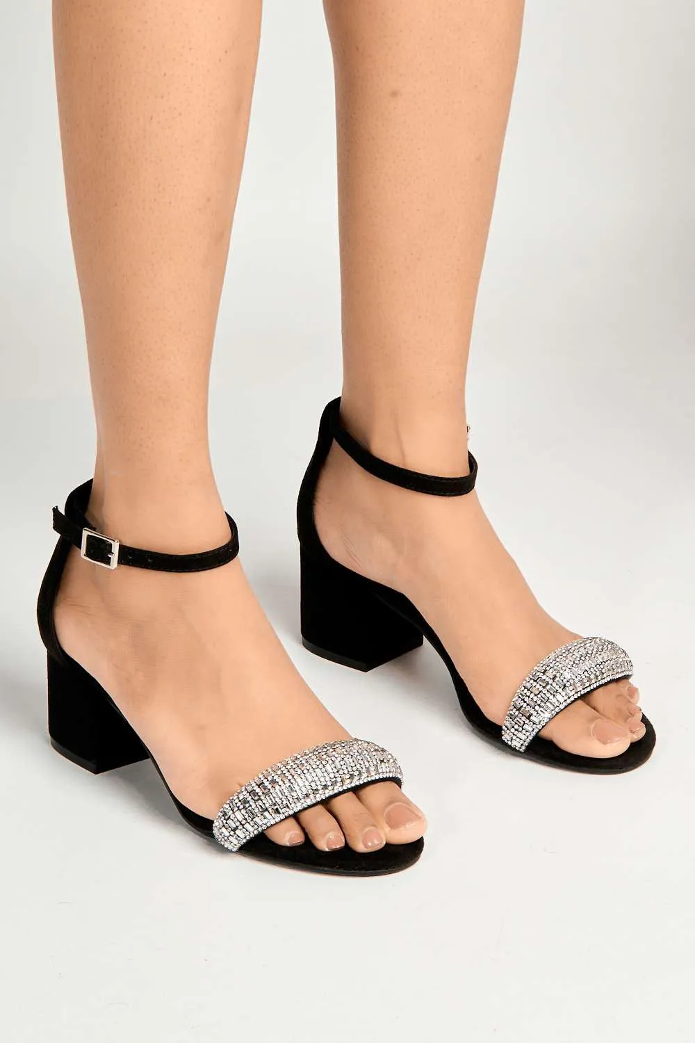 Ashley Low Block Heel Diamante Sandal in Black Suede