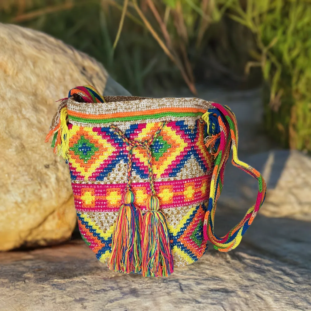 Ayla Handmade Crochet Wayuu Mochila Bag with Crystals