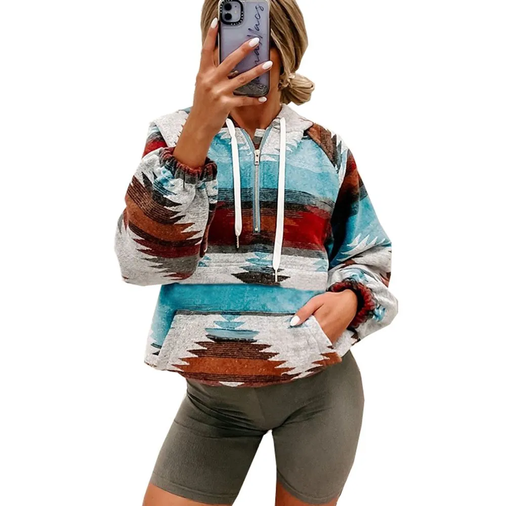 Aztec Southwest Pattern Hooded Sweatshirt Oversized Color Block Hoodies