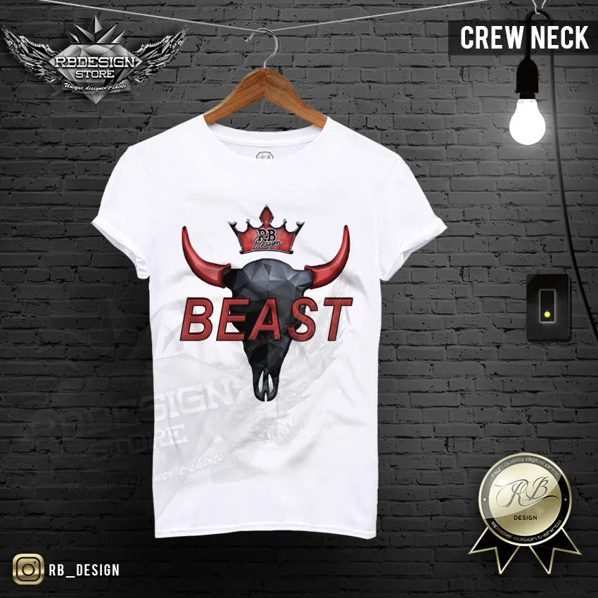 Beast Men's T-shirt Buffalo Bison Skull Scoop Neck Training Gym Muscle Top MD730 RED