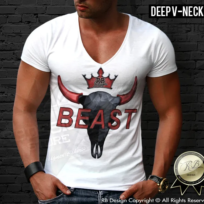 Beast Men's T-shirt Buffalo Bison Skull Scoop Neck Training Gym Muscle Top MD730 RED