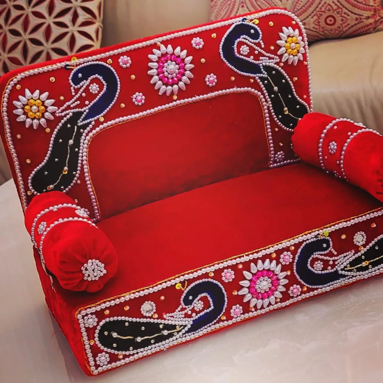 Beautiful Decorated Velvet Red Peacock Designer Singasan for Laddu Gopal -BRIJ001VSS