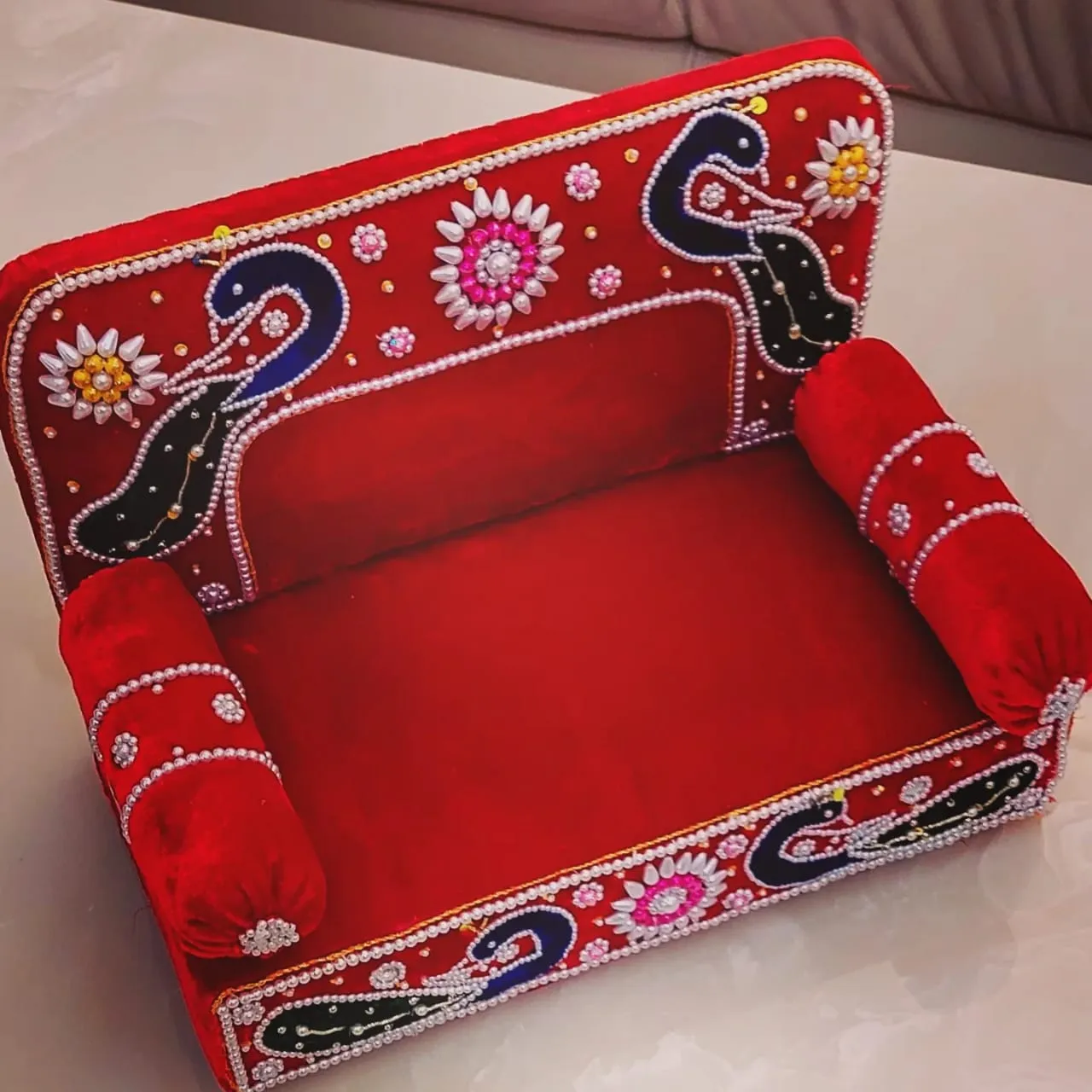 Beautiful Decorated Velvet Red Peacock Designer Singasan for Laddu Gopal -BRIJ001VSS