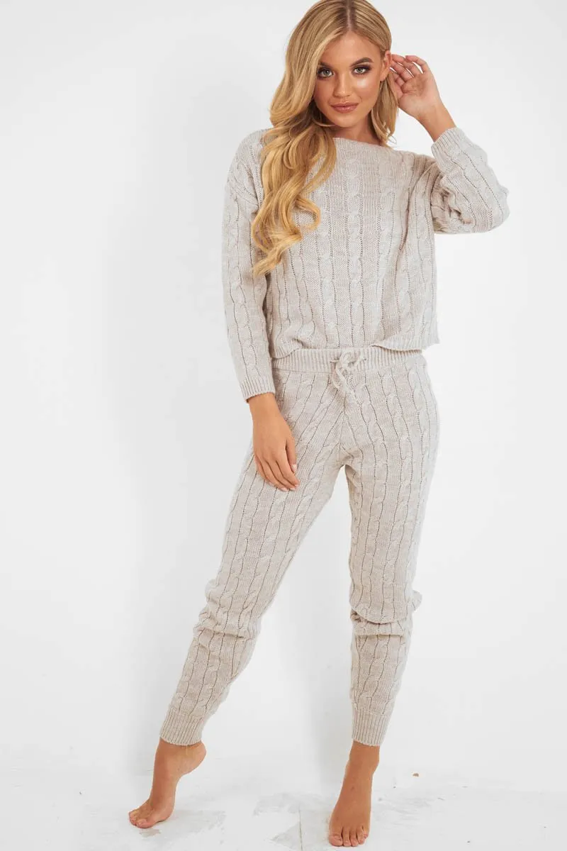 Beige Cable Knit Jumper Jogger Co-Ord - Gabbi