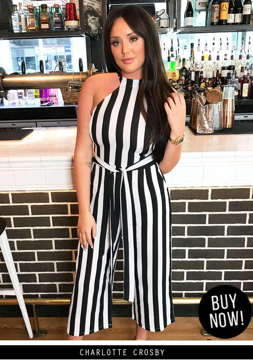 Black and White Stripped Cut in Neck Jumpsuit