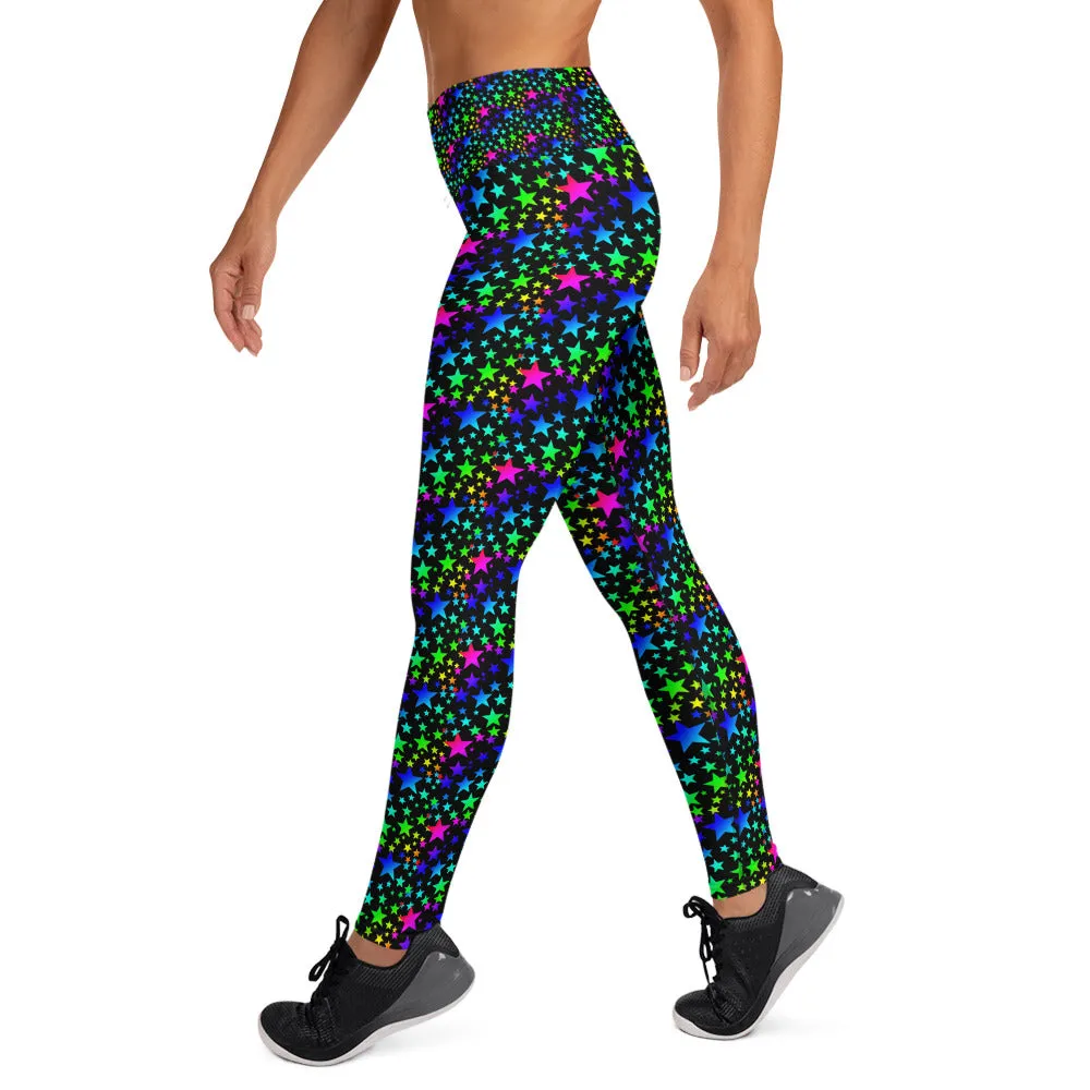 Black Rainbow Star Print Leggings, Women's Long Workout Yoga Pants- Made in USA/EU