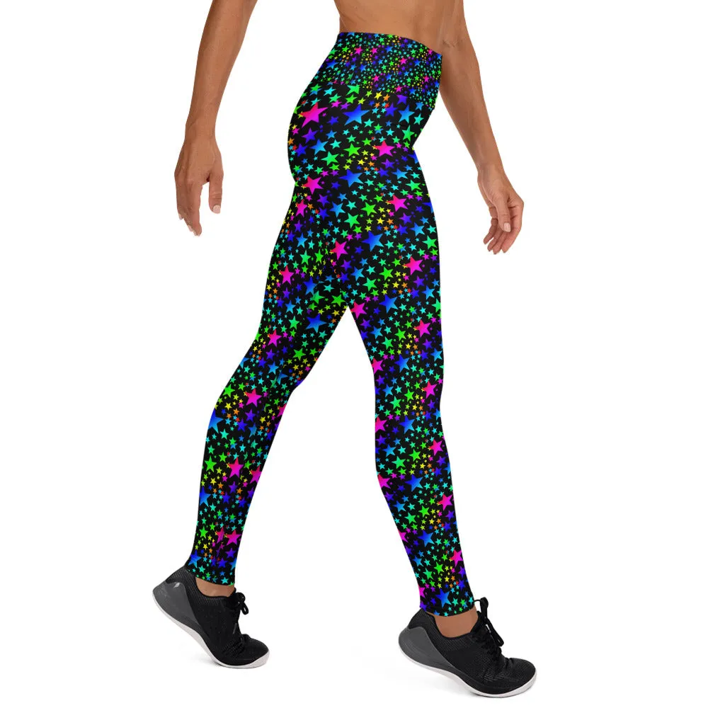 Black Rainbow Star Print Leggings, Women's Long Workout Yoga Pants- Made in USA/EU