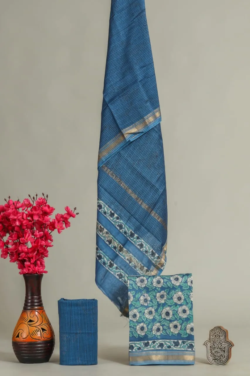 Blue Jaal Print Maheshwari Silk Suit Set (MSL368)