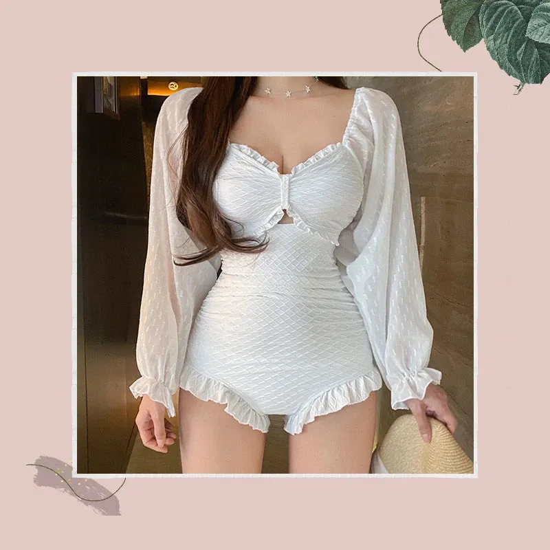 Bubble-Ripple One Piece Long Sleeve Coquette Swimsuit