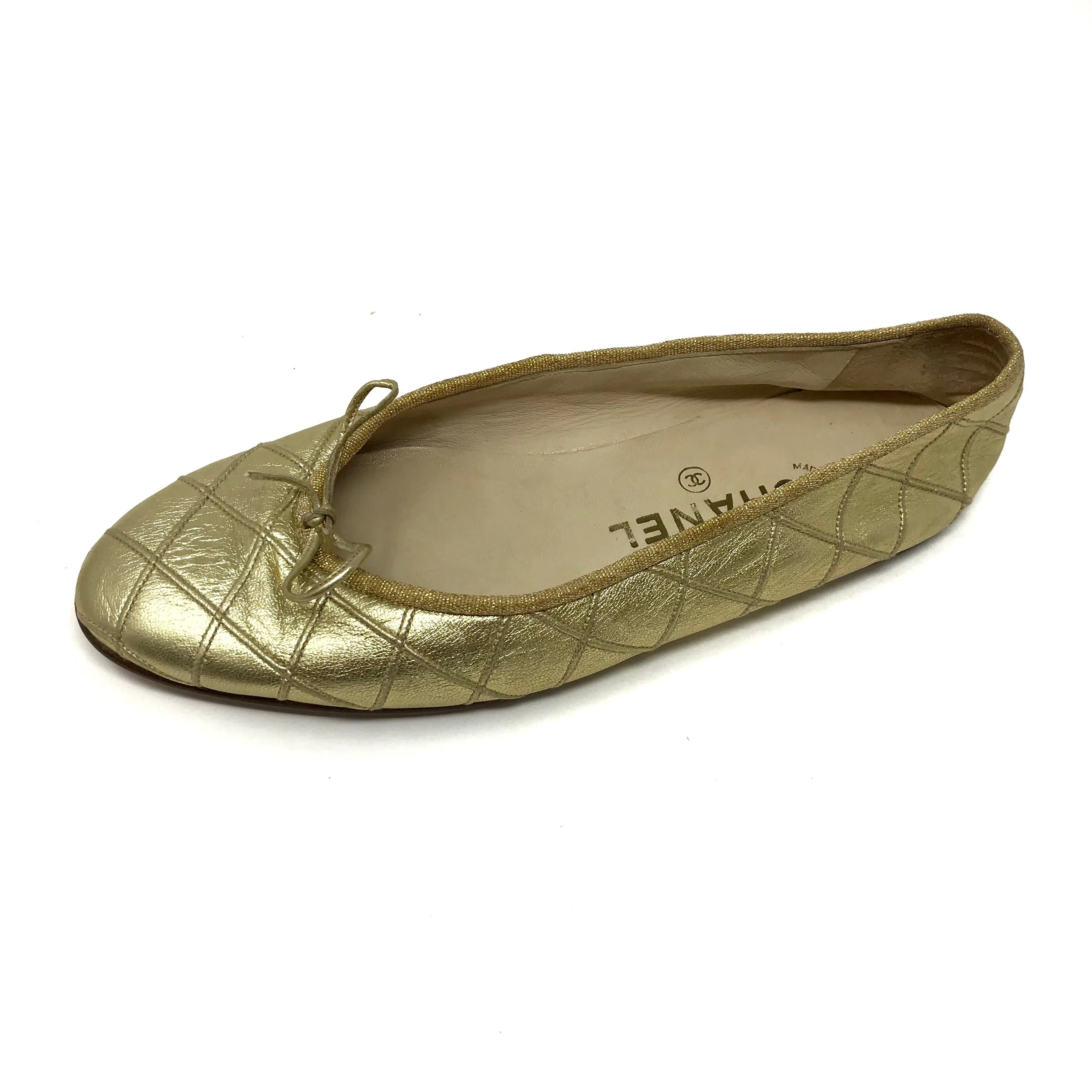 Chanel Gold Metallic Criss Cross Ballerina Ballet Flats Size 5.5 | 36