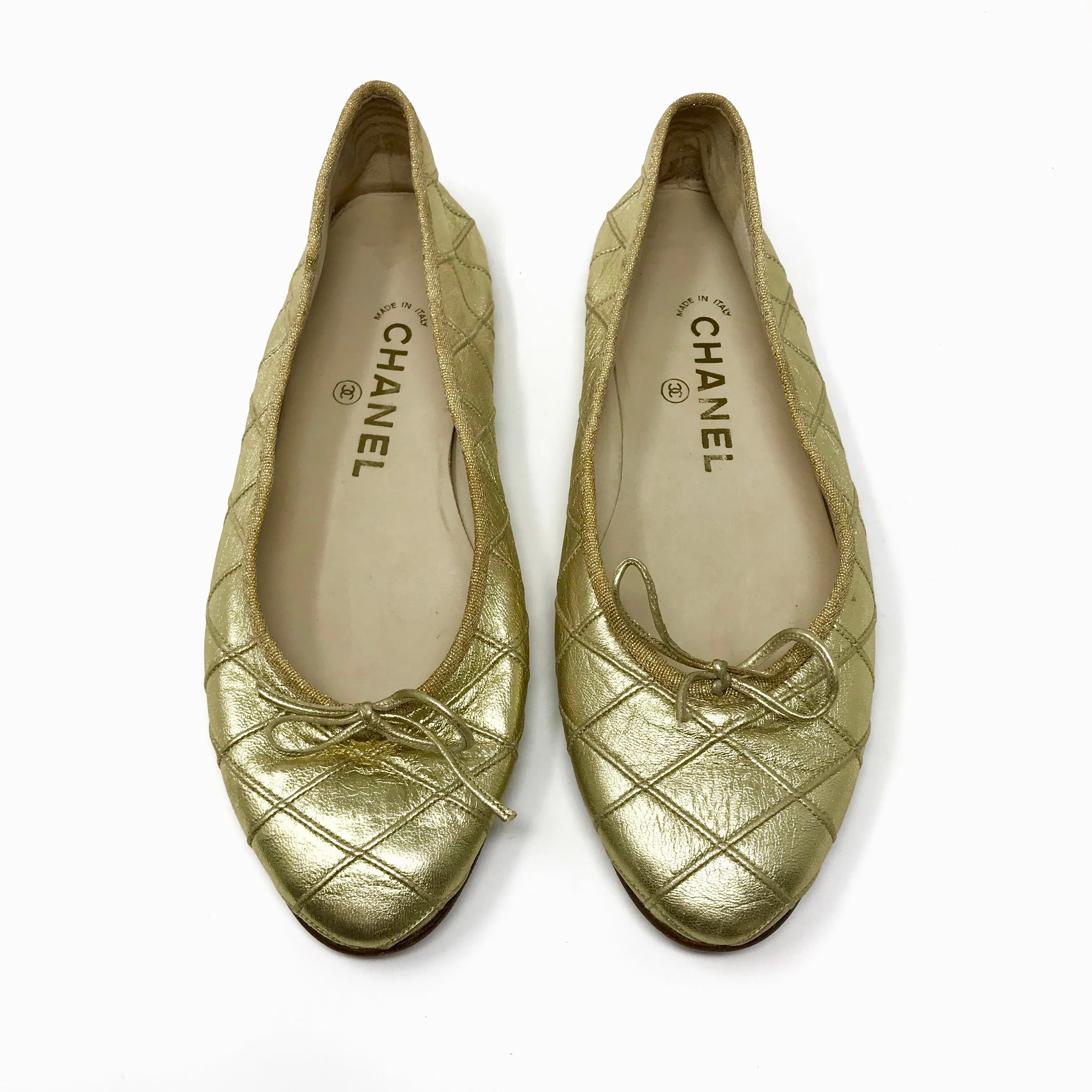 Chanel Gold Metallic Criss Cross Ballerina Ballet Flats Size 5.5 | 36