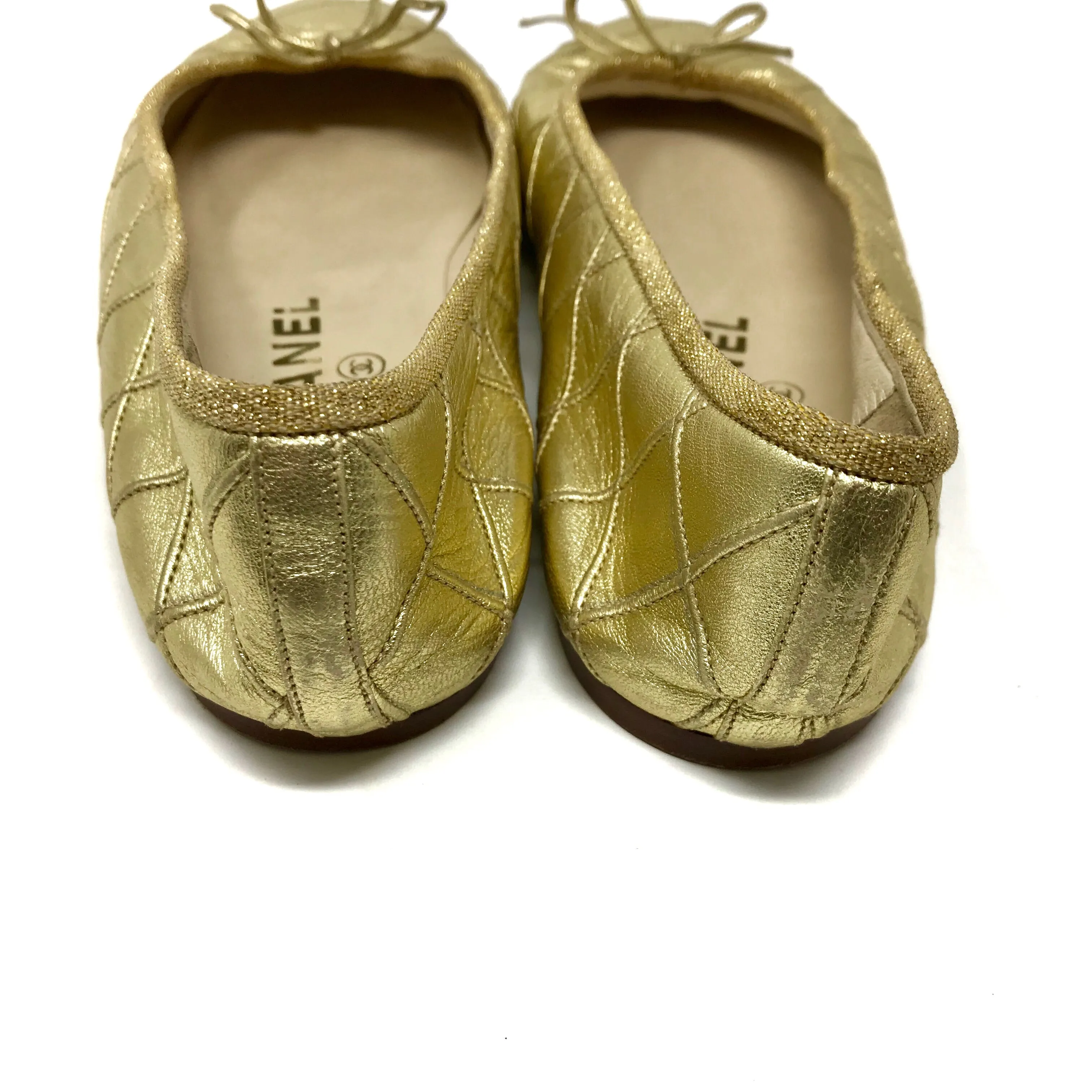 Chanel Gold Metallic Criss Cross Ballerina Ballet Flats Size 5.5 | 36