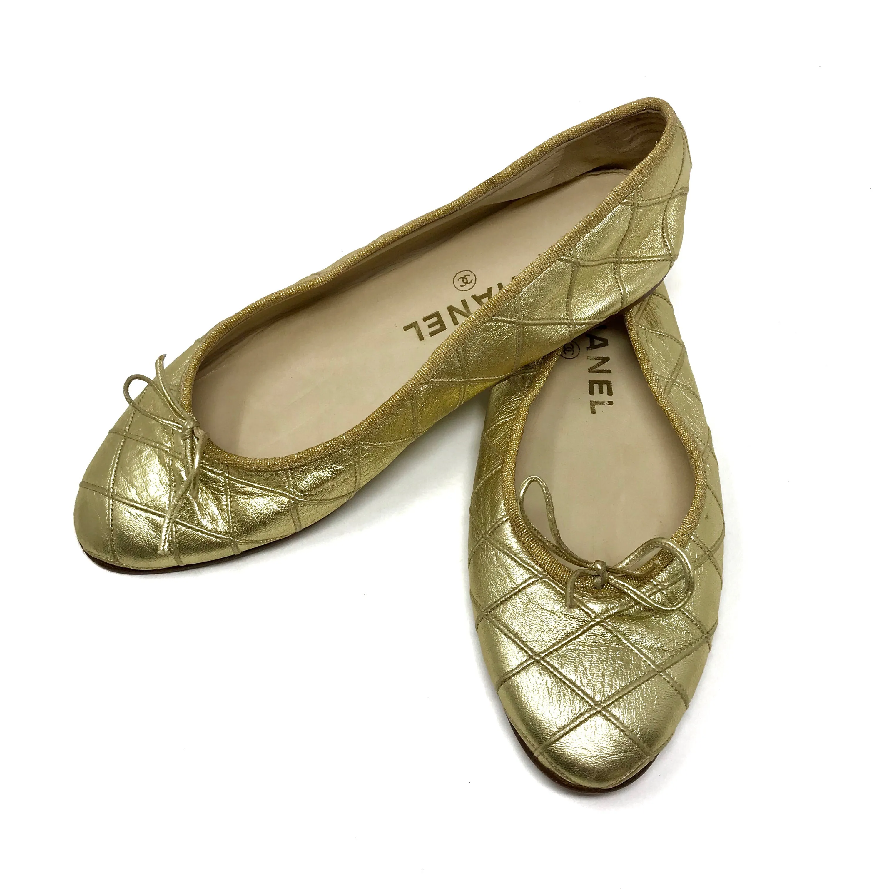 Chanel Gold Metallic Criss Cross Ballerina Ballet Flats Size 5.5 | 36