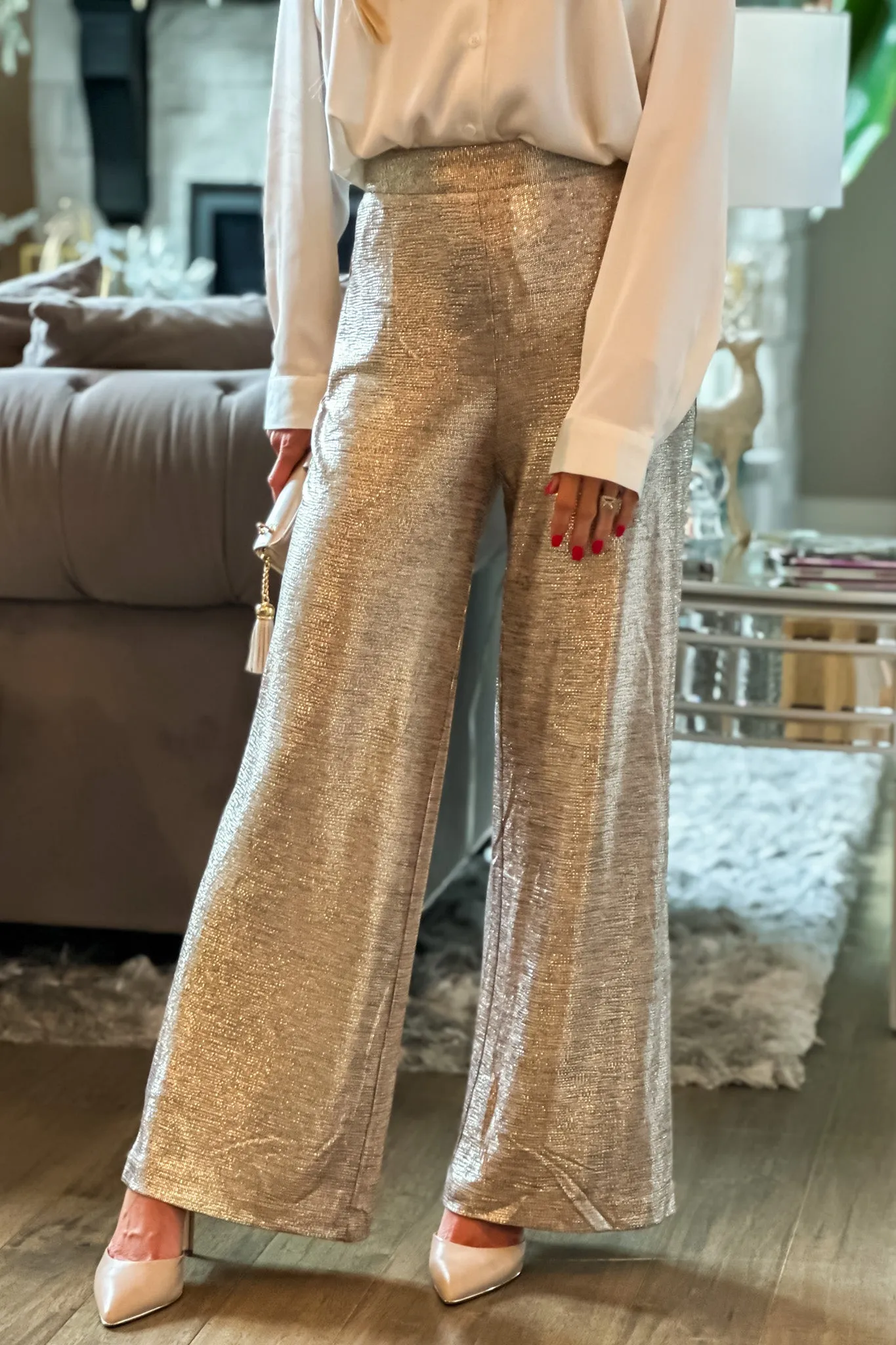 Connecting Over Cocktails Flowy Sparkle Pant : Champagne