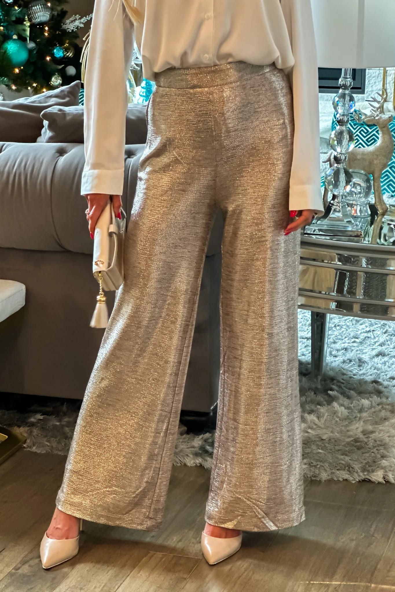 Connecting Over Cocktails Flowy Sparkle Pant : Champagne