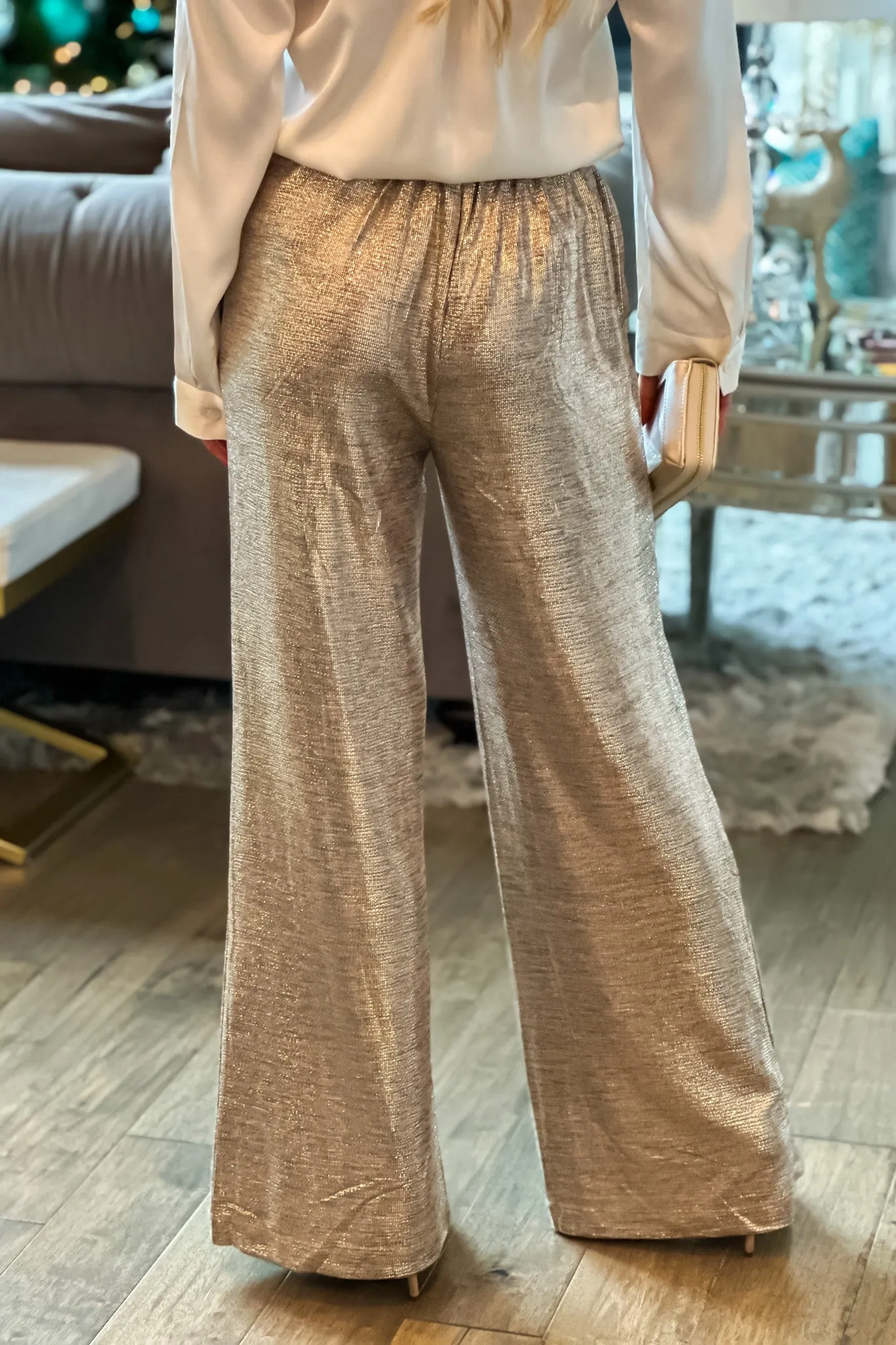 Connecting Over Cocktails Flowy Sparkle Pant : Champagne