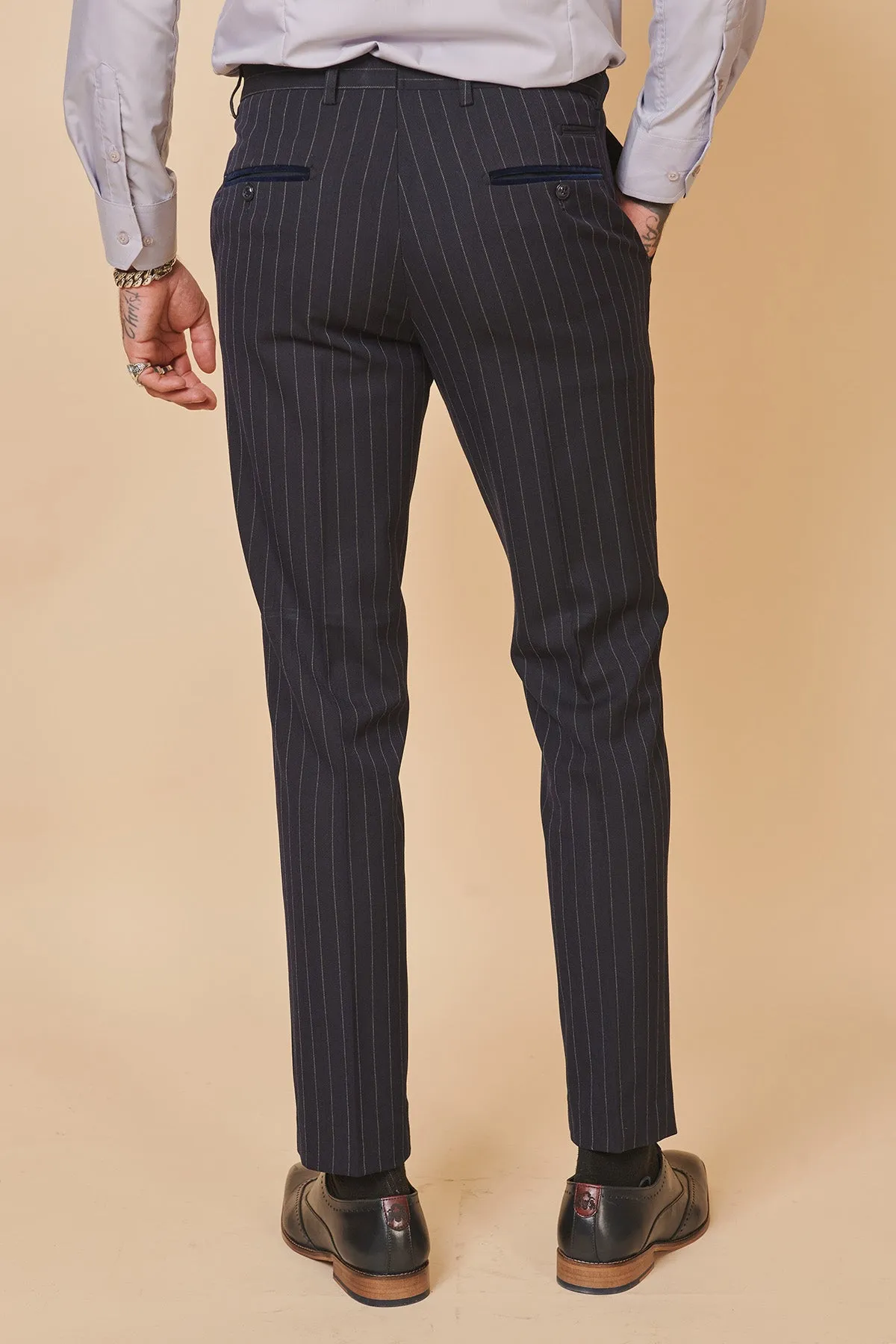 Coronation Street's Mason Radcliffe (Luca Toolan) In ROCCO Navy Pinstripe Double Breasted Two Piece Suit