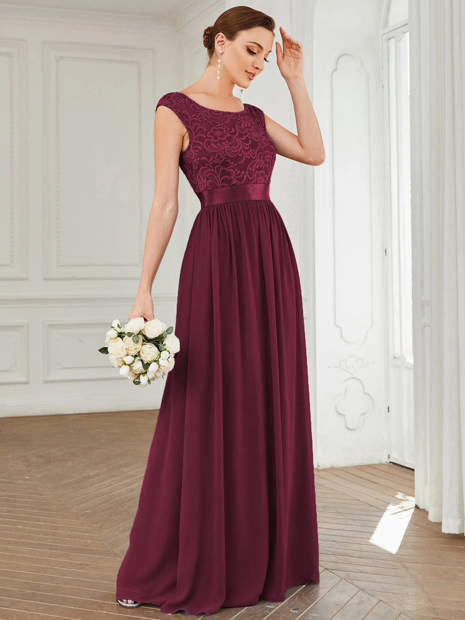 Custom Size Classic Round Neck V Back Lace Bridesmaid Dress