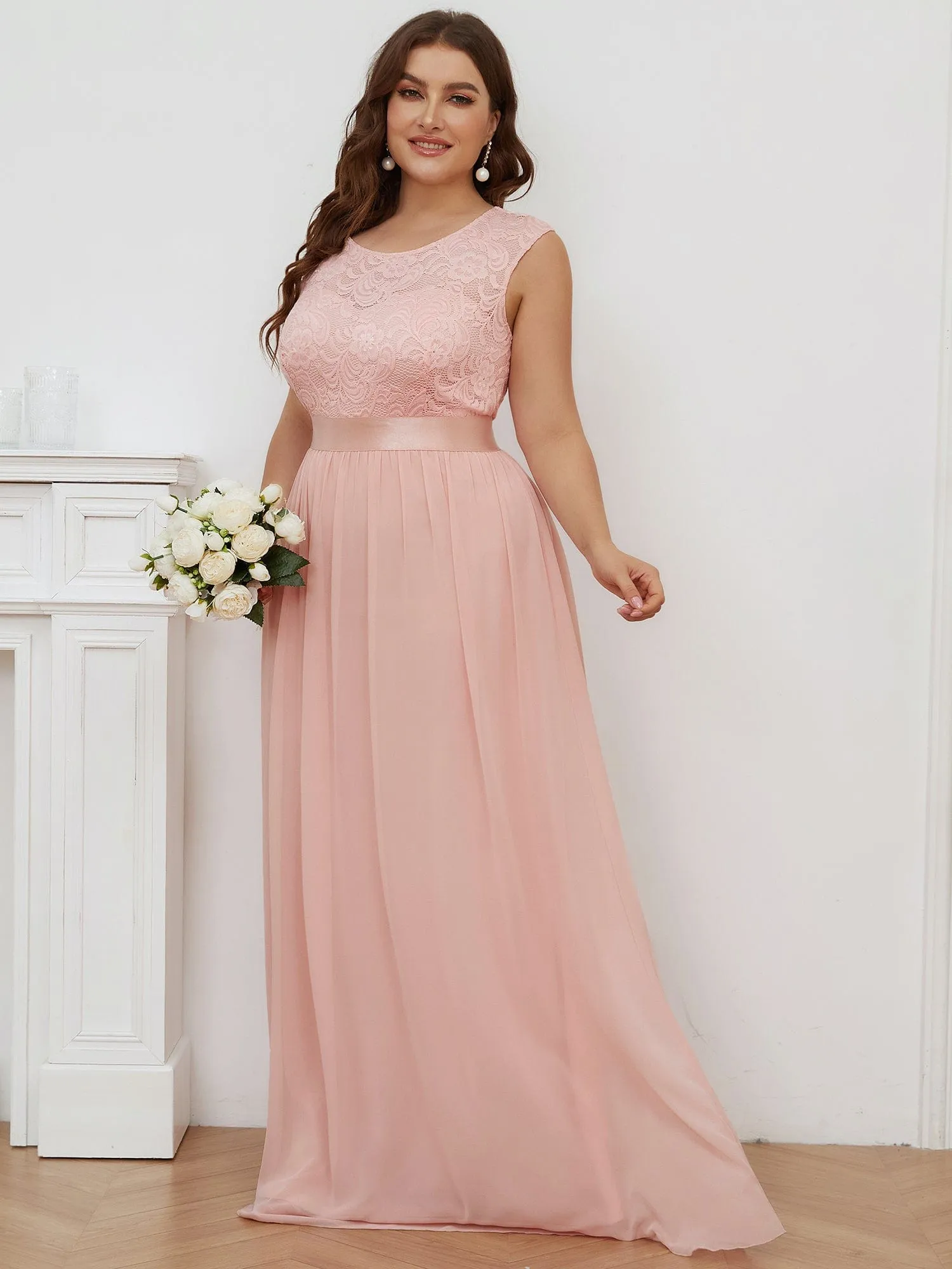 Custom Size Classic Round Neck V Back Lace Bridesmaid Dress