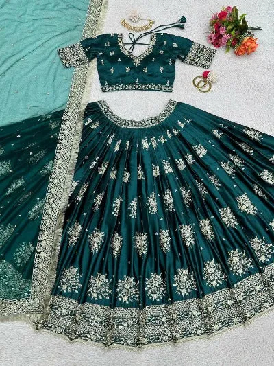 Dark Green Japan Satin Sequence Work Lehenga Choli Set