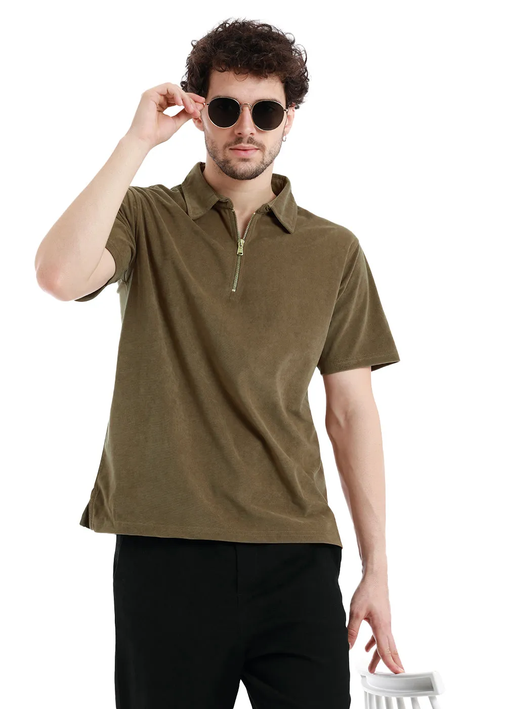 Dusty Brown Zip polo T-shirt