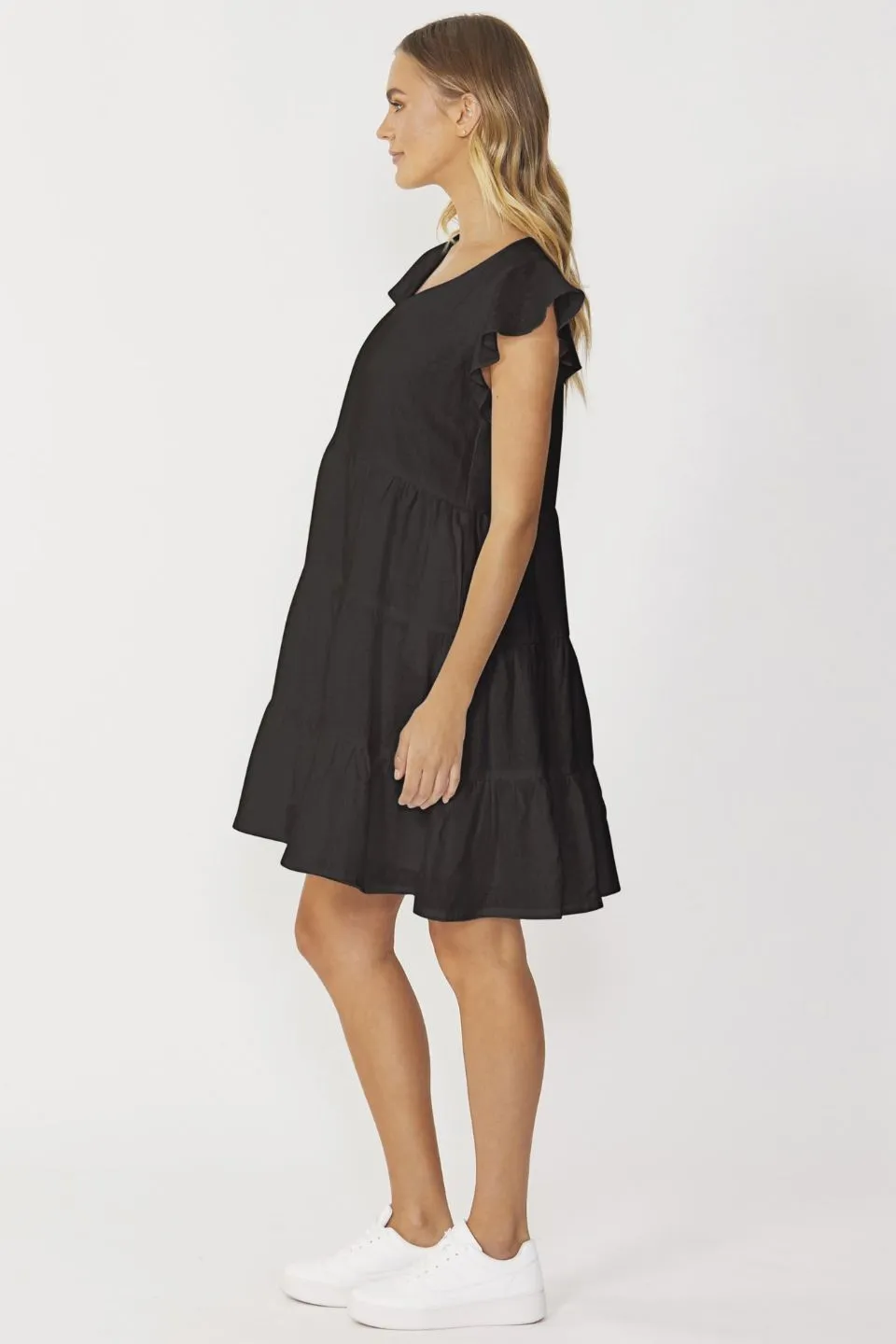 Eadie Black Linen Flutter Sleeve Tiered Mini Smock Dress