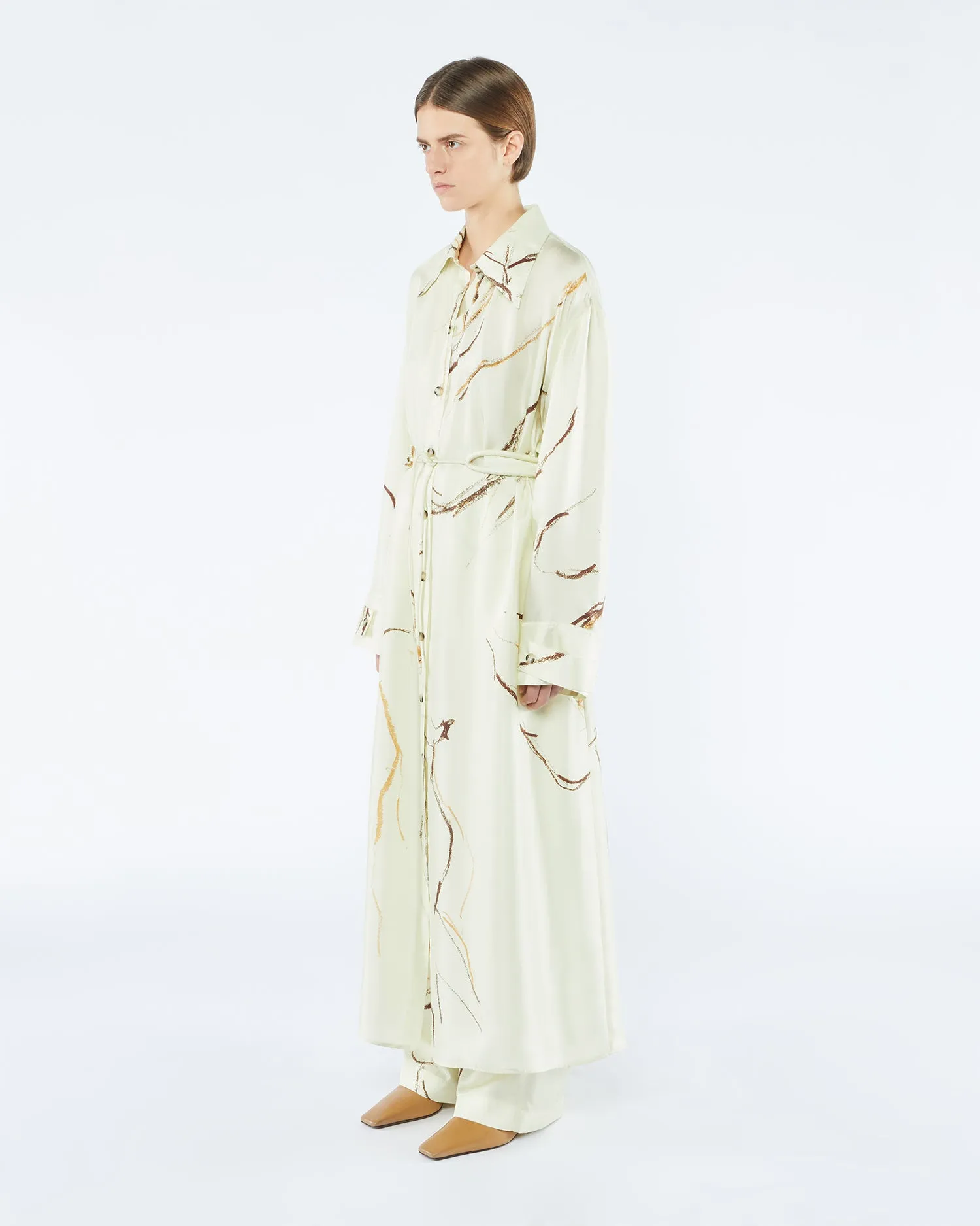 Eluna - Sale Printed Twill Silk Shirt Dress - Line Drawing Big Scale