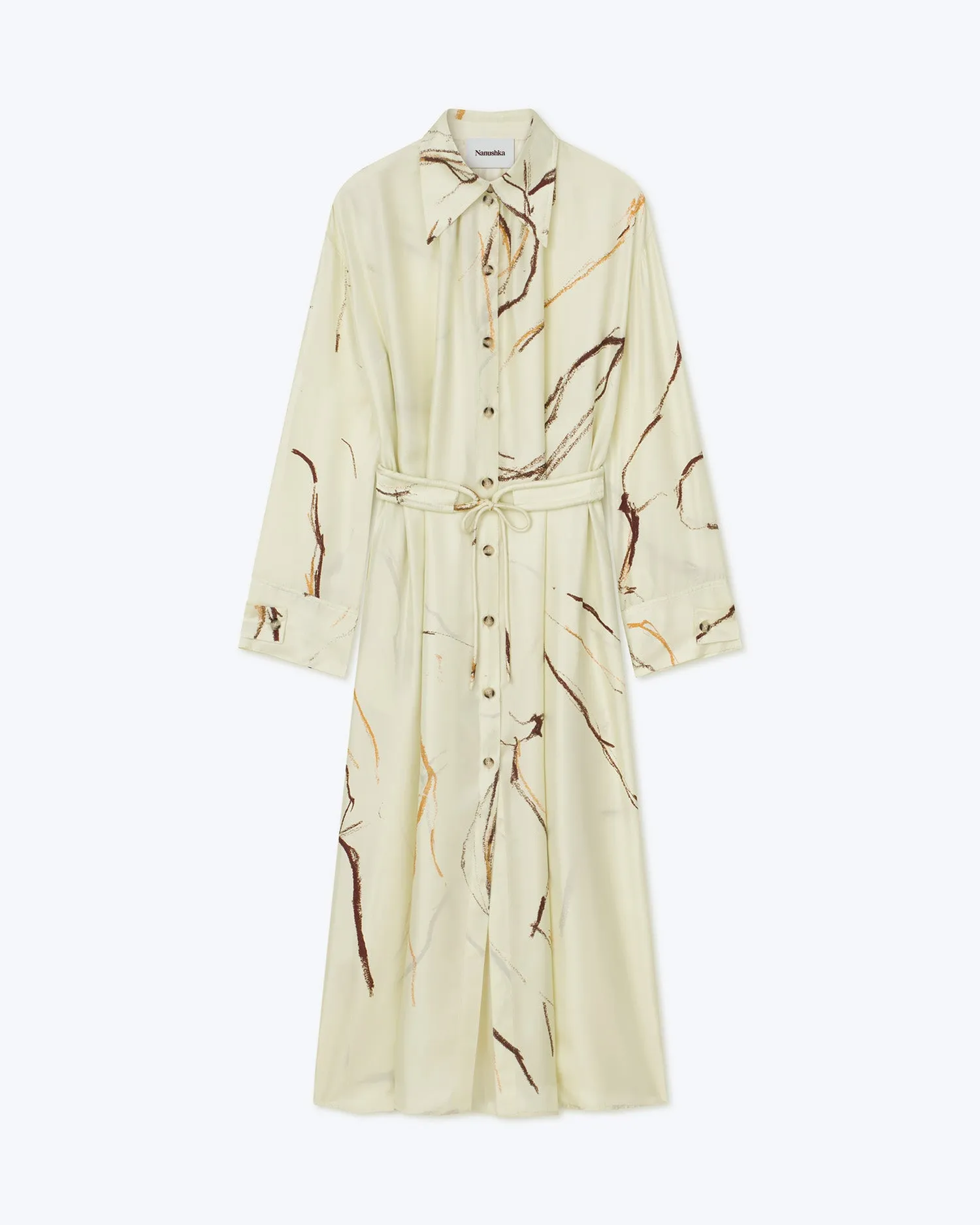 Eluna - Sale Printed Twill Silk Shirt Dress - Line Drawing Big Scale