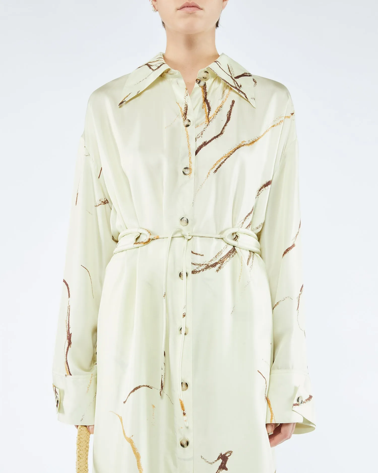 Eluna - Sale Printed Twill Silk Shirt Dress - Line Drawing Big Scale