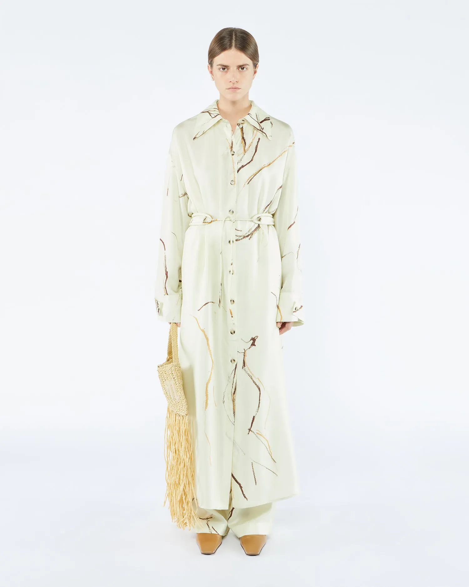 Eluna - Sale Printed Twill Silk Shirt Dress - Line Drawing Big Scale