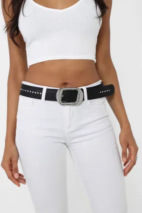 Embellished Faux Leather Belt in Black