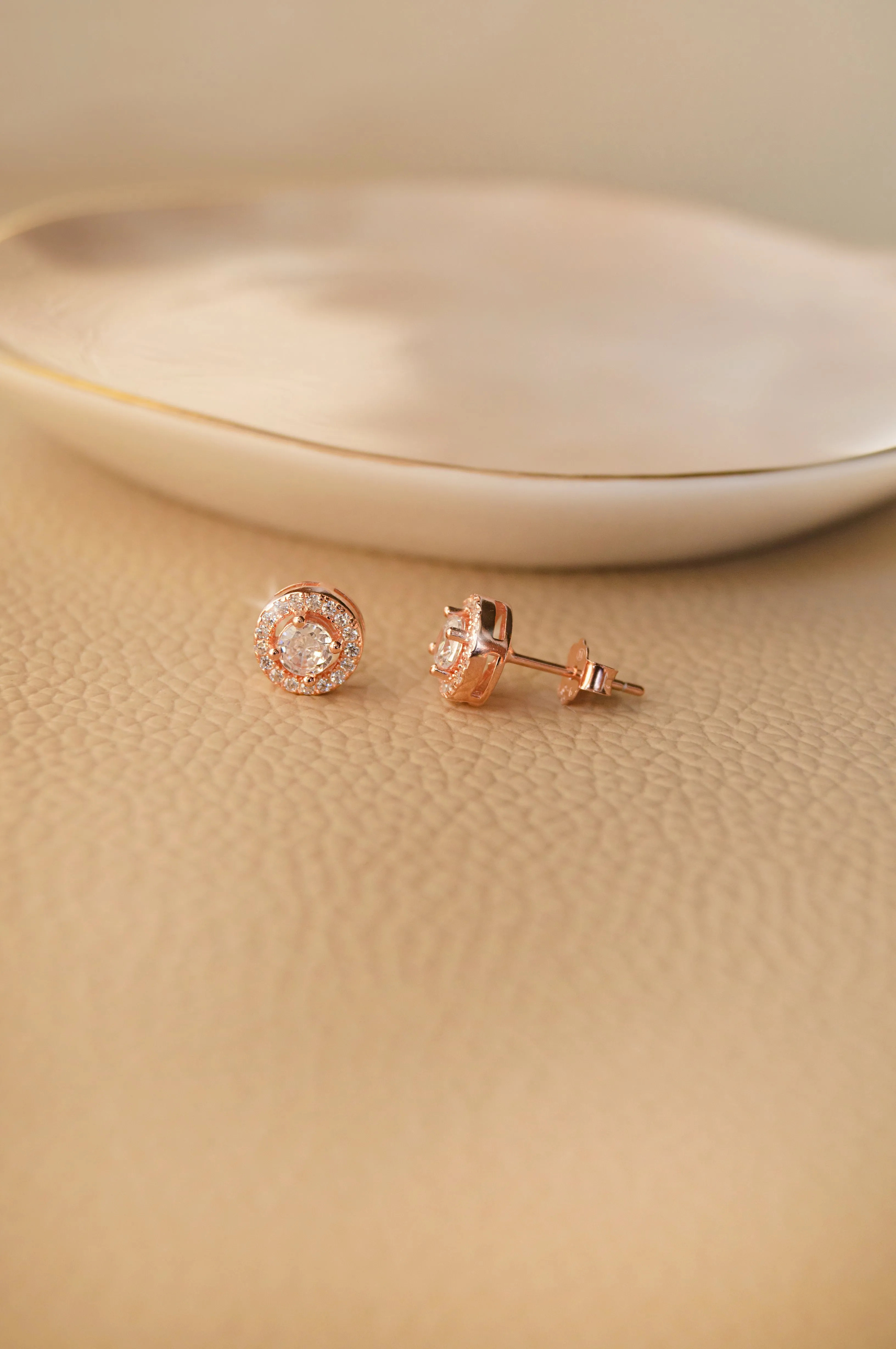 Glorious Halo Solitaire Rose Gold Plated Sterling Silver Stud Earrings