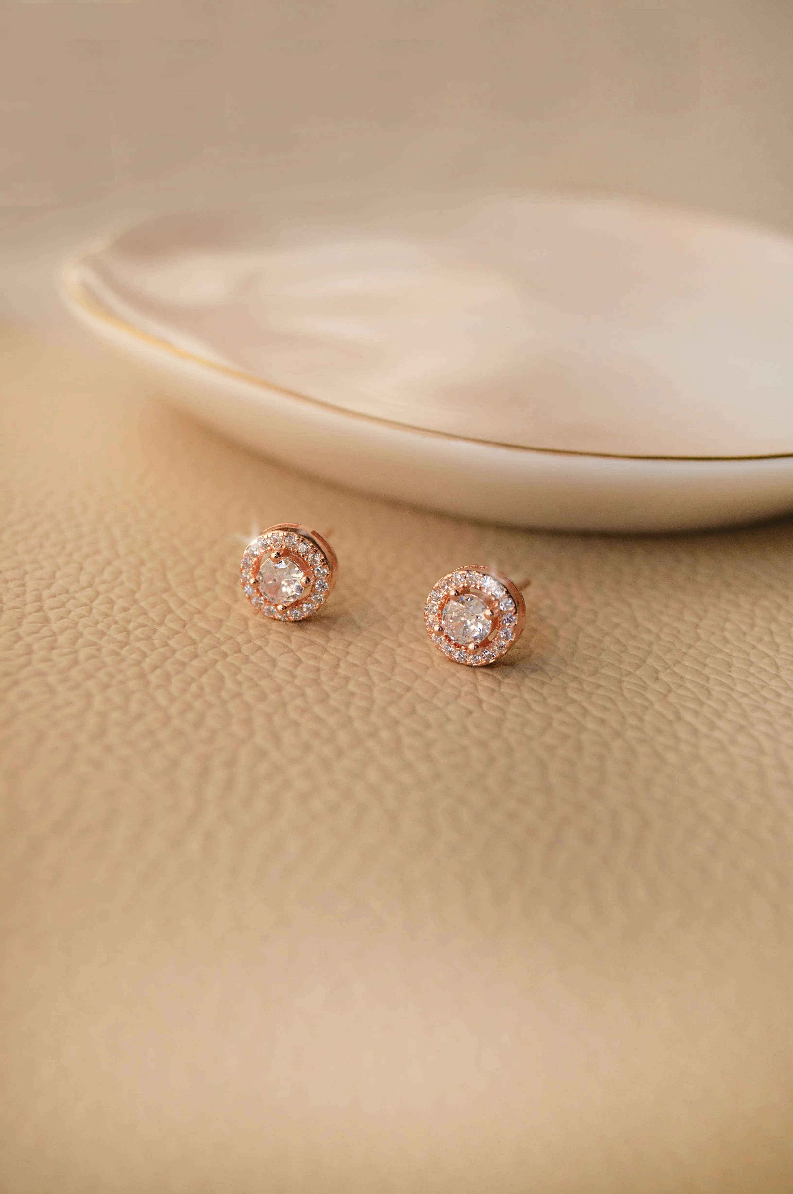 Glorious Halo Solitaire Rose Gold Plated Sterling Silver Stud Earrings