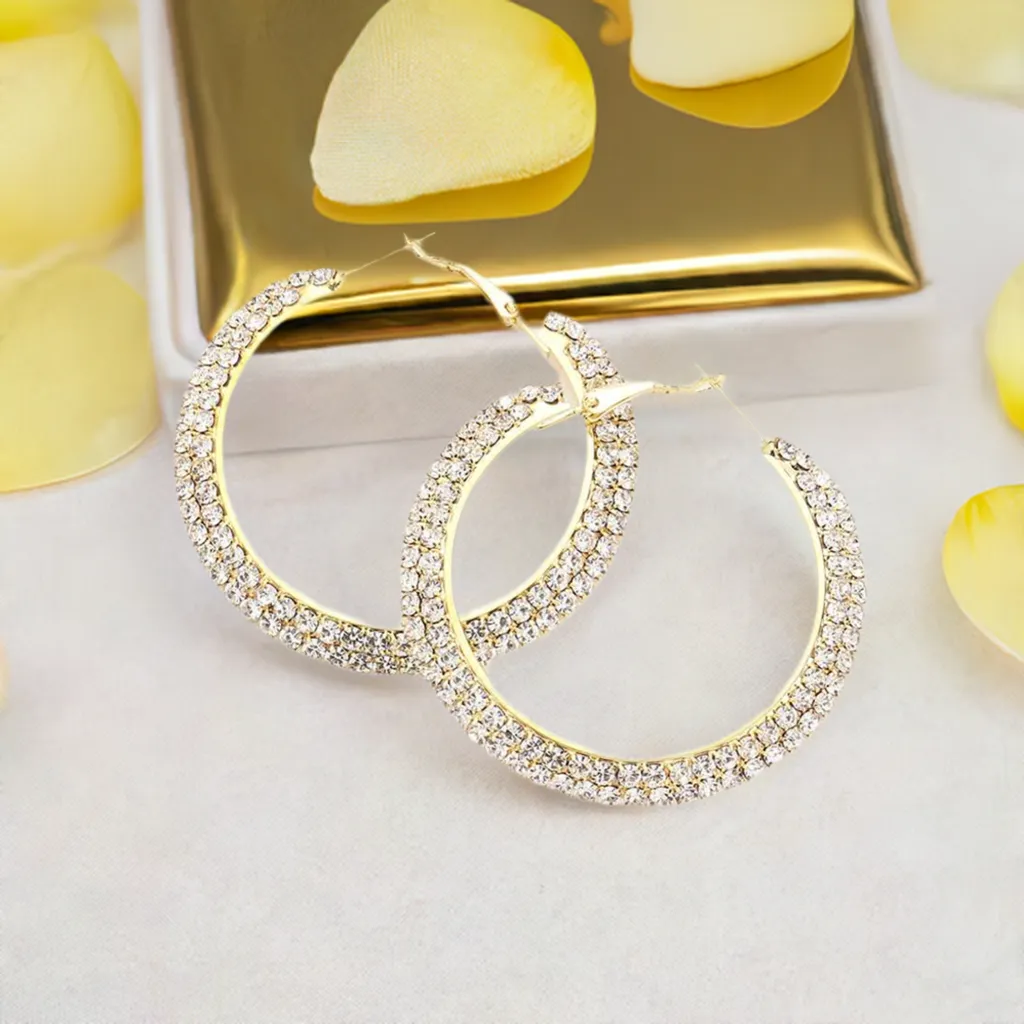 Gold Rhinestone 2-inch Flat Hoop Earrings for Women