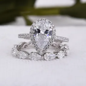 Halo Pear Cut Eternity 925 Sterling Silver Bridal Set