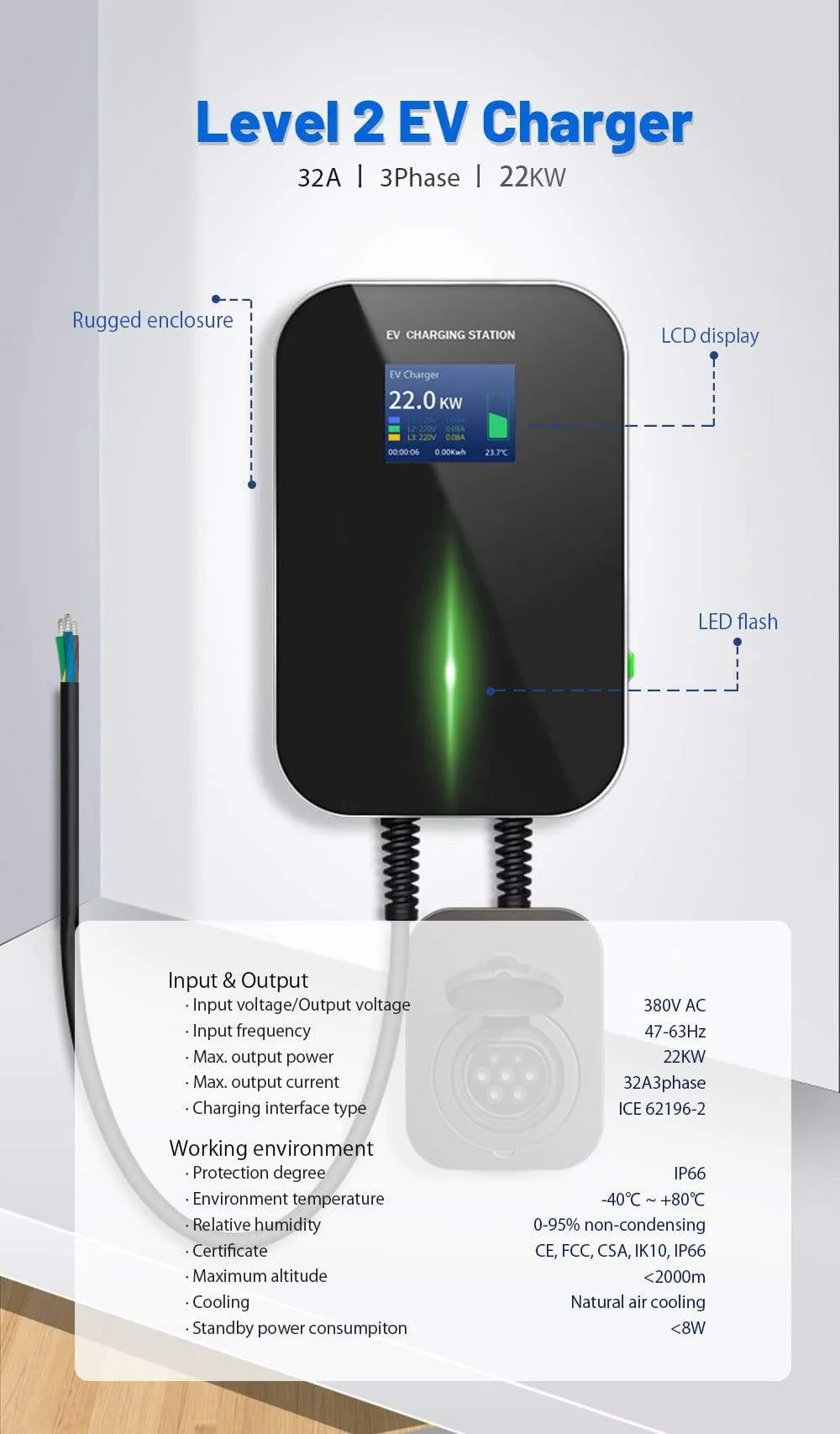 IEVISON 32A 3 Phase 22KW EV Charger Wallbox Electric Vehicle Charging Station Type 2 Socket IEC 62196-2 With Free Holder