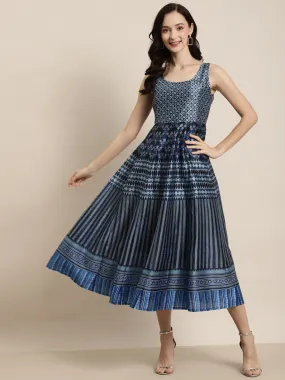 Indigo Floral Geo Print Anarkali Maxi